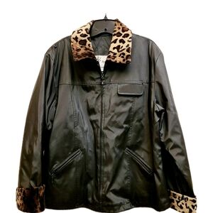 Black Y2K Jacket with Leopard Print Trim